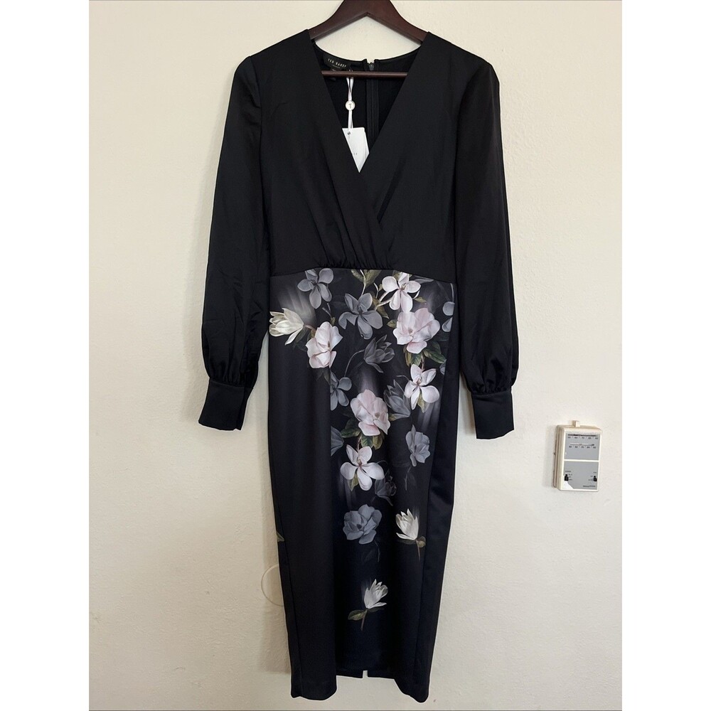 Ted Baker Opal Alithea Black Floral V Neck Long Sleeve Bodycon Midi Dress US 4